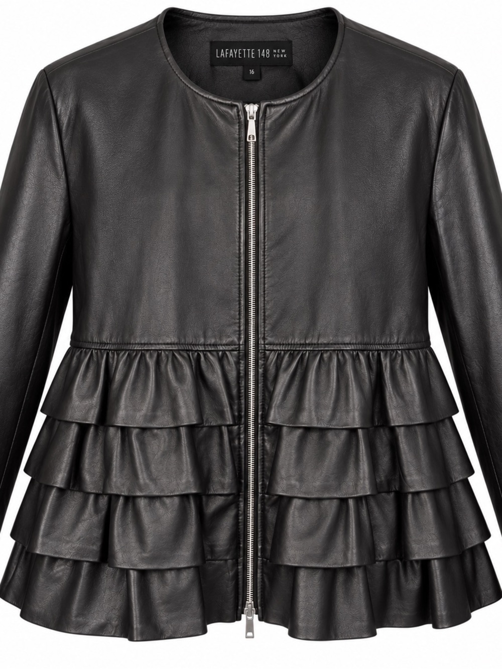 Lafayette 148 Black Leather Tiered Ruffle Jacket Size 16